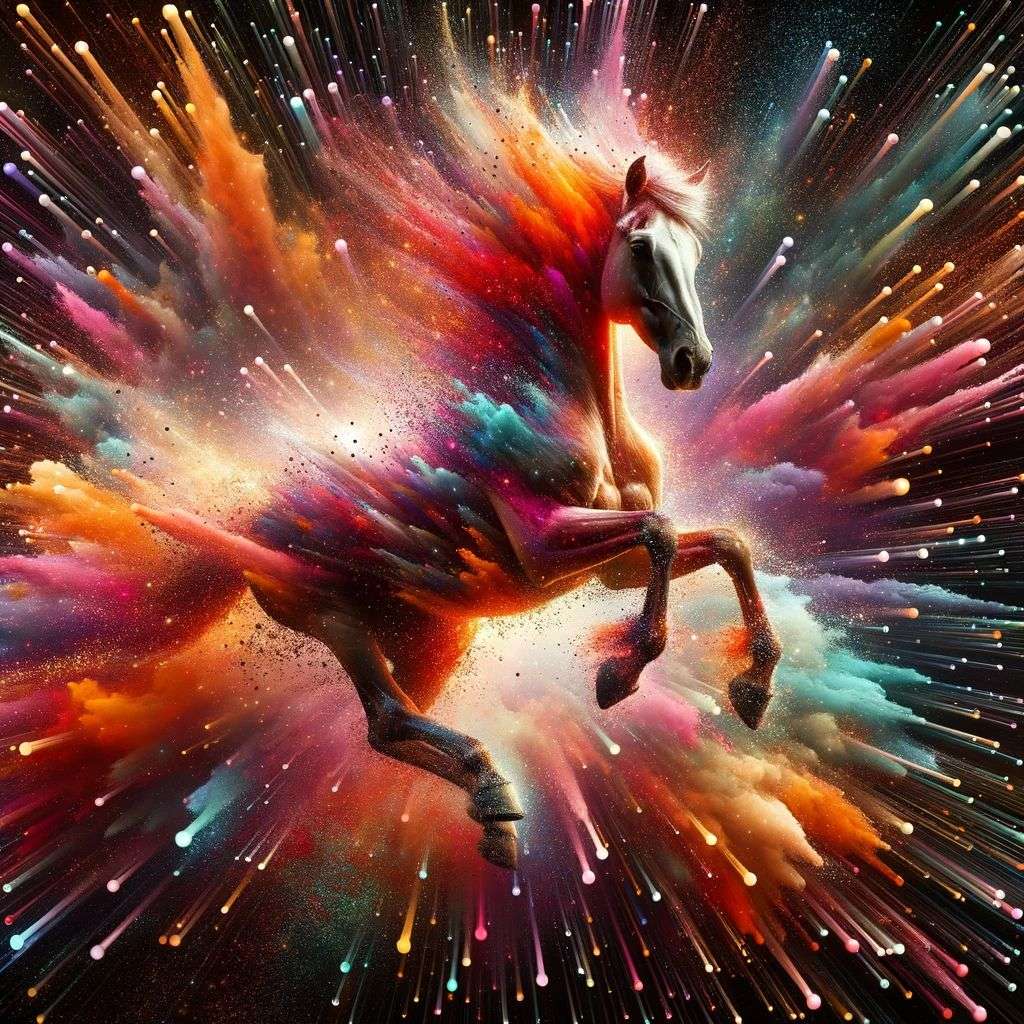 a horse, particle explosion, digital art